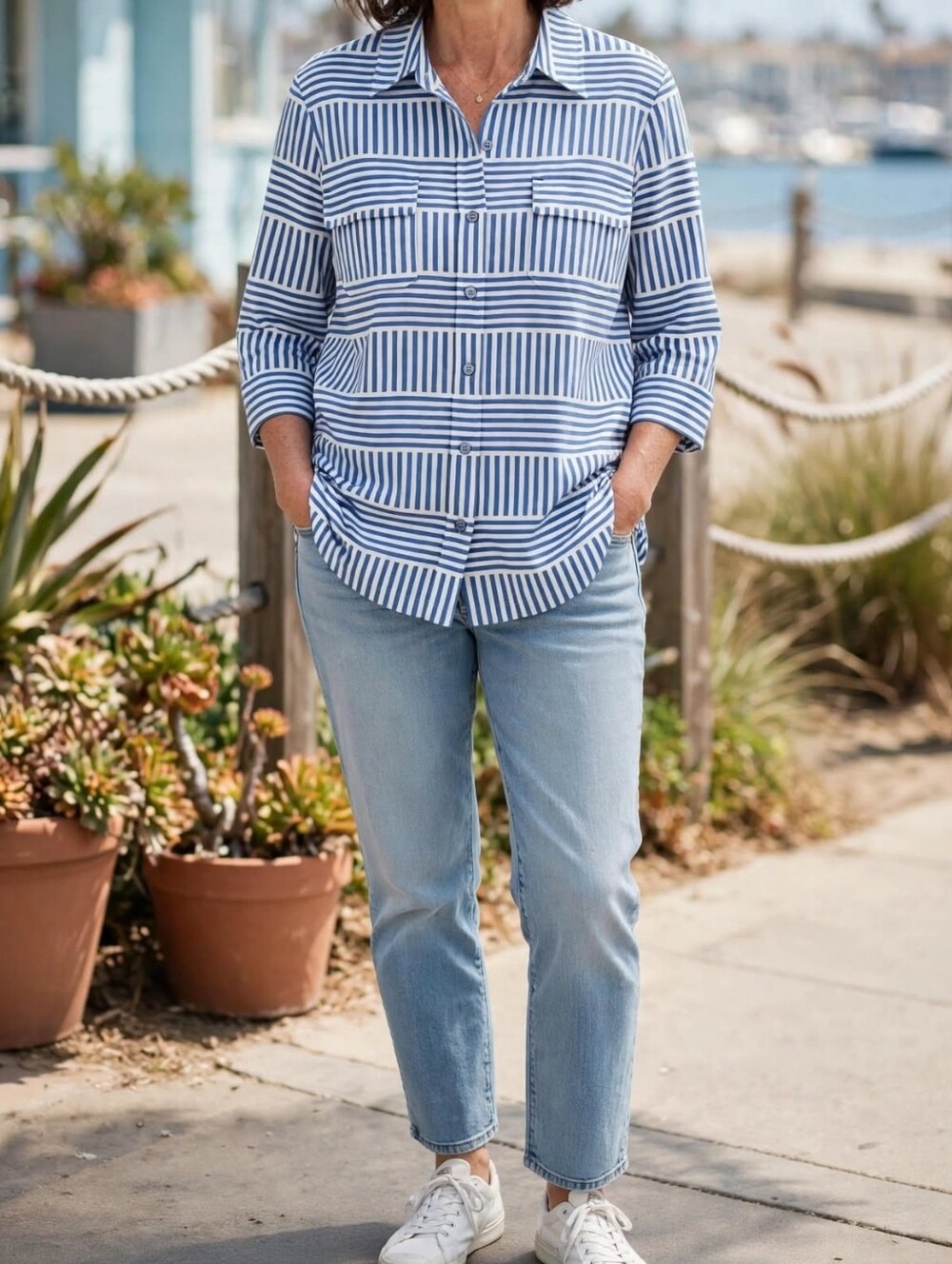 J.McLaughlin L -Catalina Cloth -Blue / White Geometric Stripe Button Front Shirt